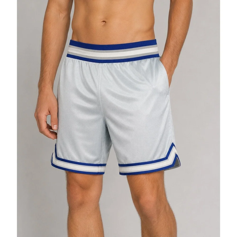 Vintage DeLONG Mens Mesh Basketball Shorts White Blue Gray Striped Size 36 12-94